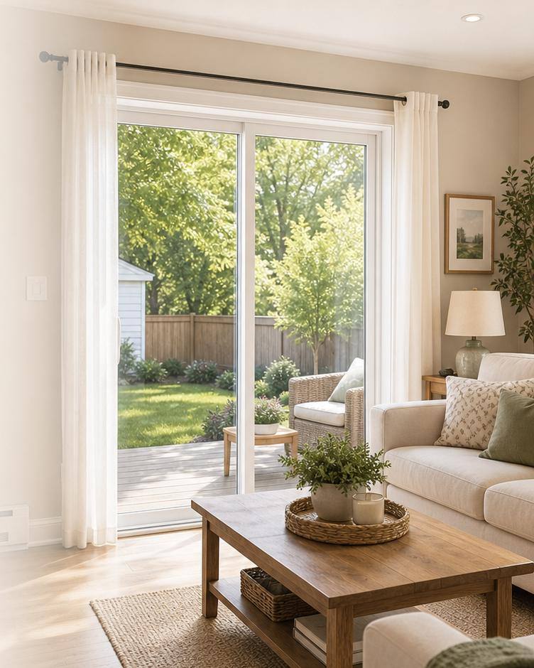 Sliding patio door opening onto a backyard