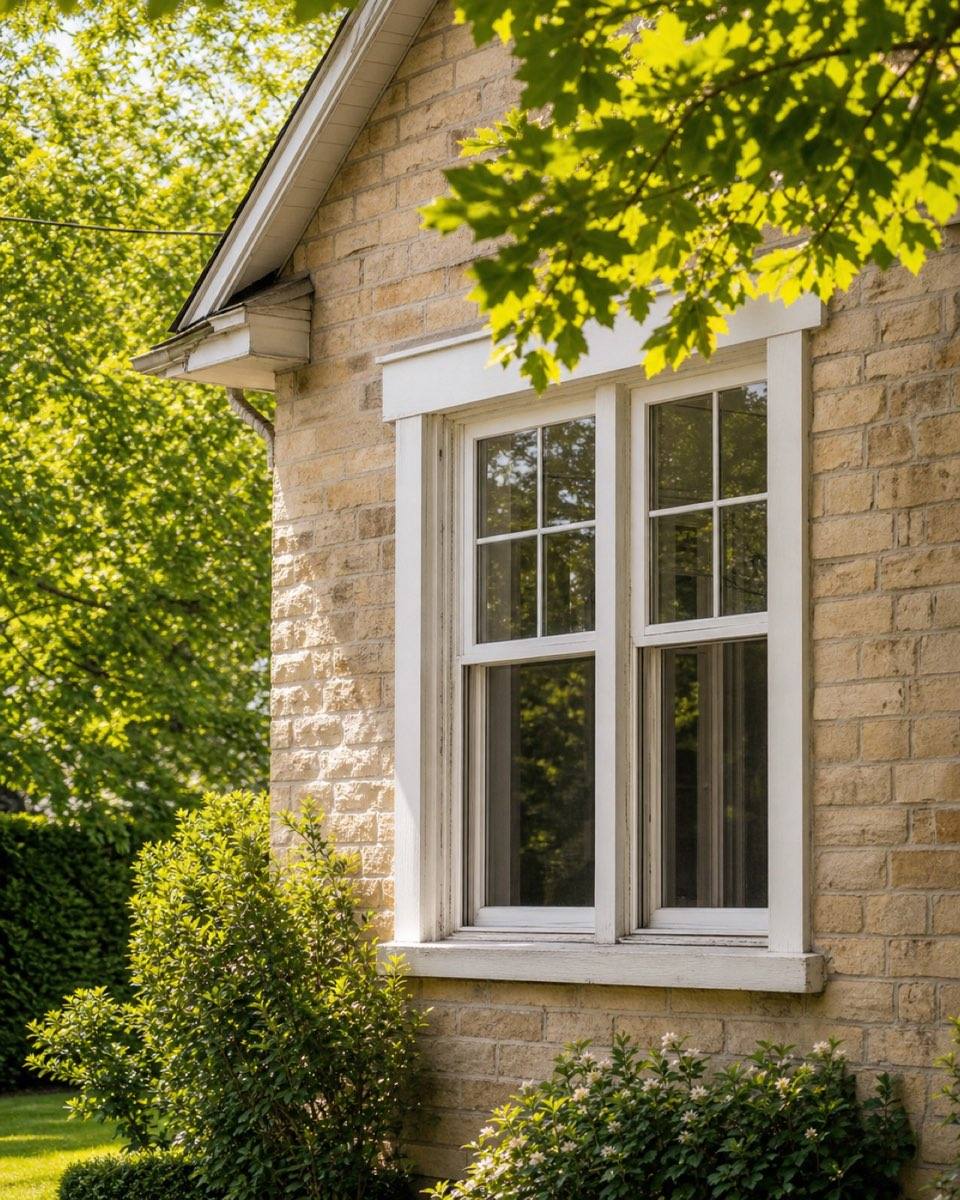 Stone home with new white windows